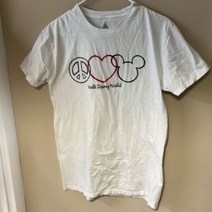 Disney. White T-shirt. M. Peace, love, and Disney print.